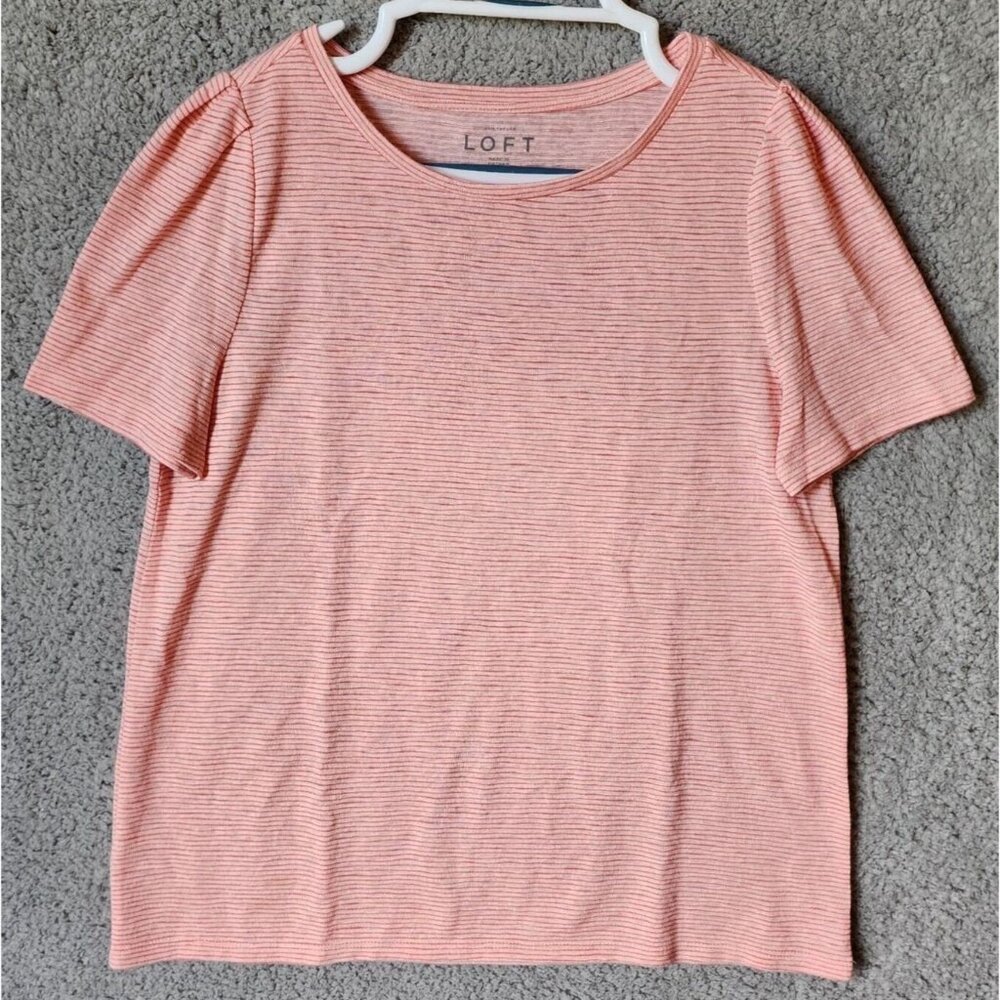 Loft Women's Pleated Shoulder Short Sleeve Round Neck T Shirt Top Striped Size M